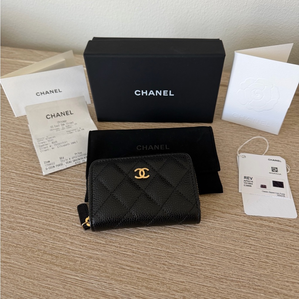 CHANEL Black Quilted Caviar Zip Card Case Wallet
